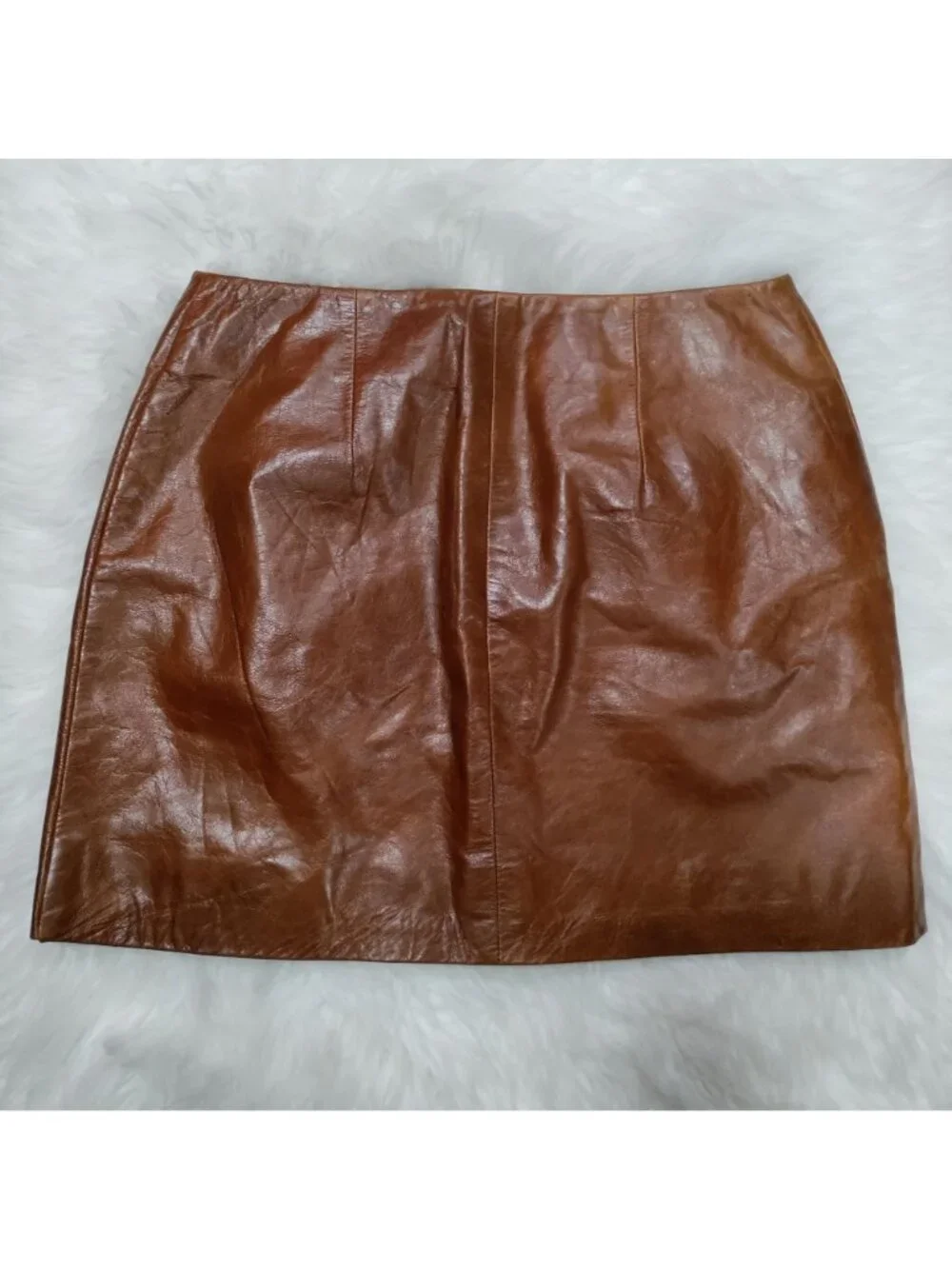 Hugo Buscati 100% Leather Antique 70s Style Brown A-Line Wrap Mini Skirt Size 6 - Picture 7 of 16